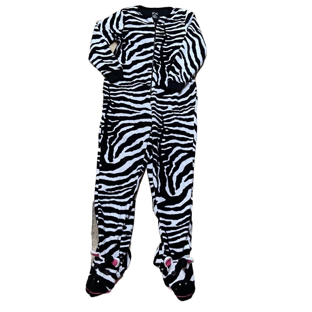 Nick & Nora Unisex Zebra Adult 1-Piece Footed Sleepwear Size Small black white